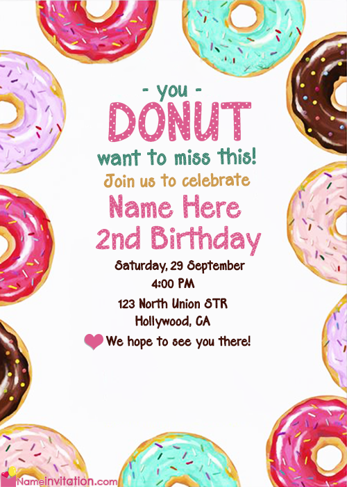 Colorful Donuts Birthday Invitation Cards With Name Edit Colorful Donuts Birthday Invitation Cards With Name Edit